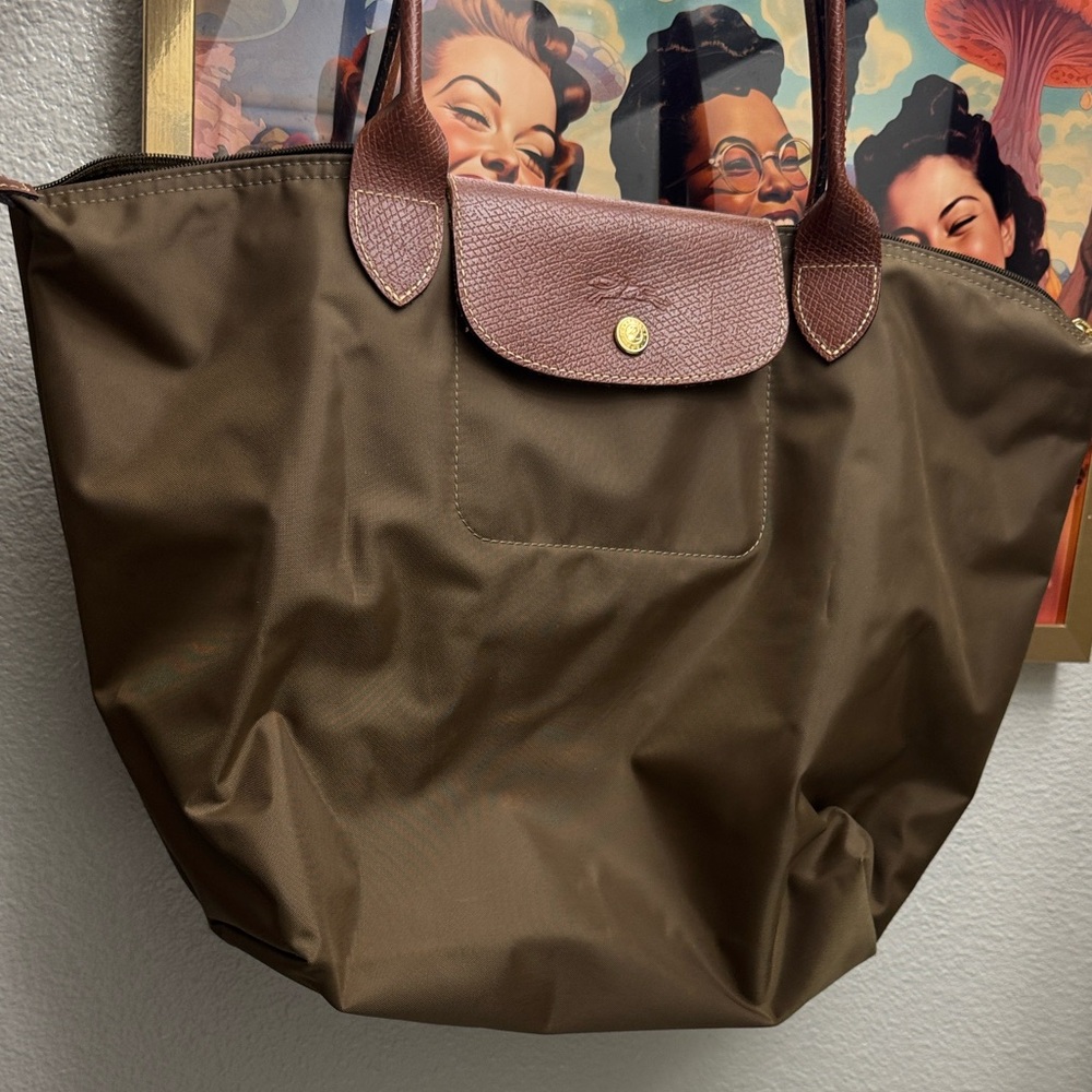 Longchamp Large Olive  Brown Tote with Leather Accents